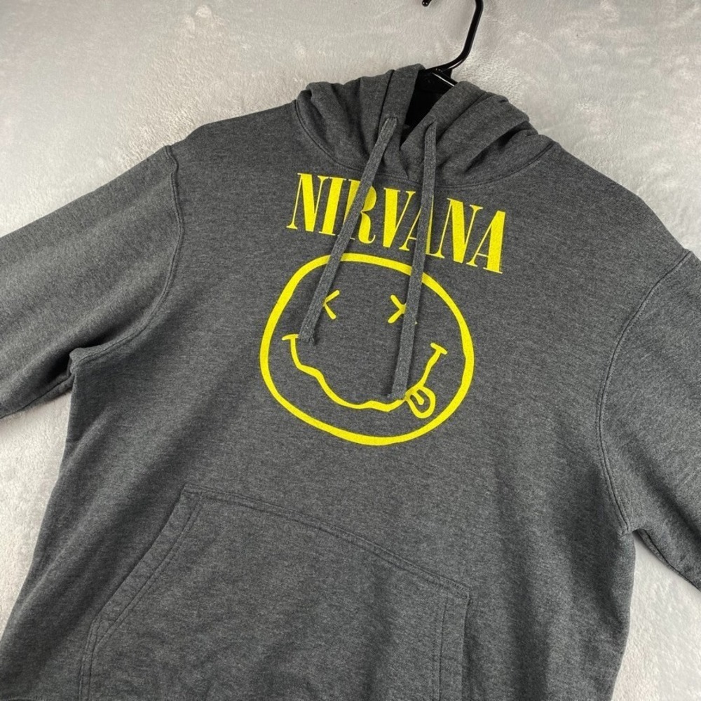 Vintage Nirvana Hoodie Mens Medium Gray Smiley Grunge Hooded Sweatshirt